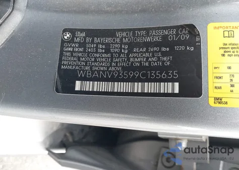 2009 BMW 535I xDrive from USA, damaged, VIN WBANV93599C135635